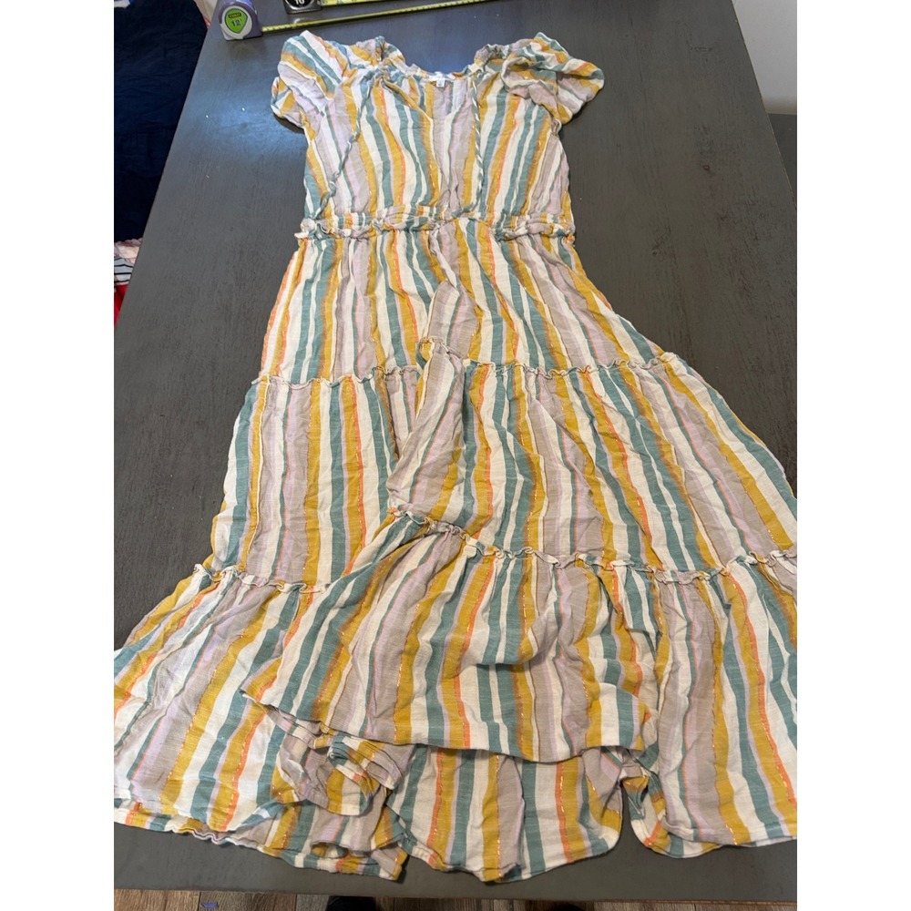Tea Rose Striped Tiered Maxi Dress Large Metallic Gold Thread  Summer Cap Sleeve